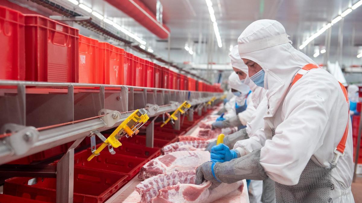Varios deshuesadores, durante su jornada laboral en Litera Meat.