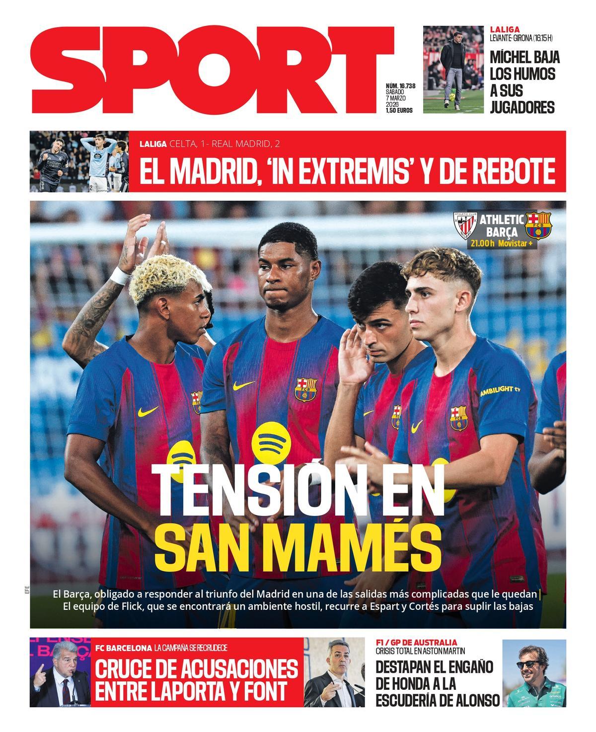 Esta es la portada de SPORT de hoy sábado, 7 de marzo de 2026