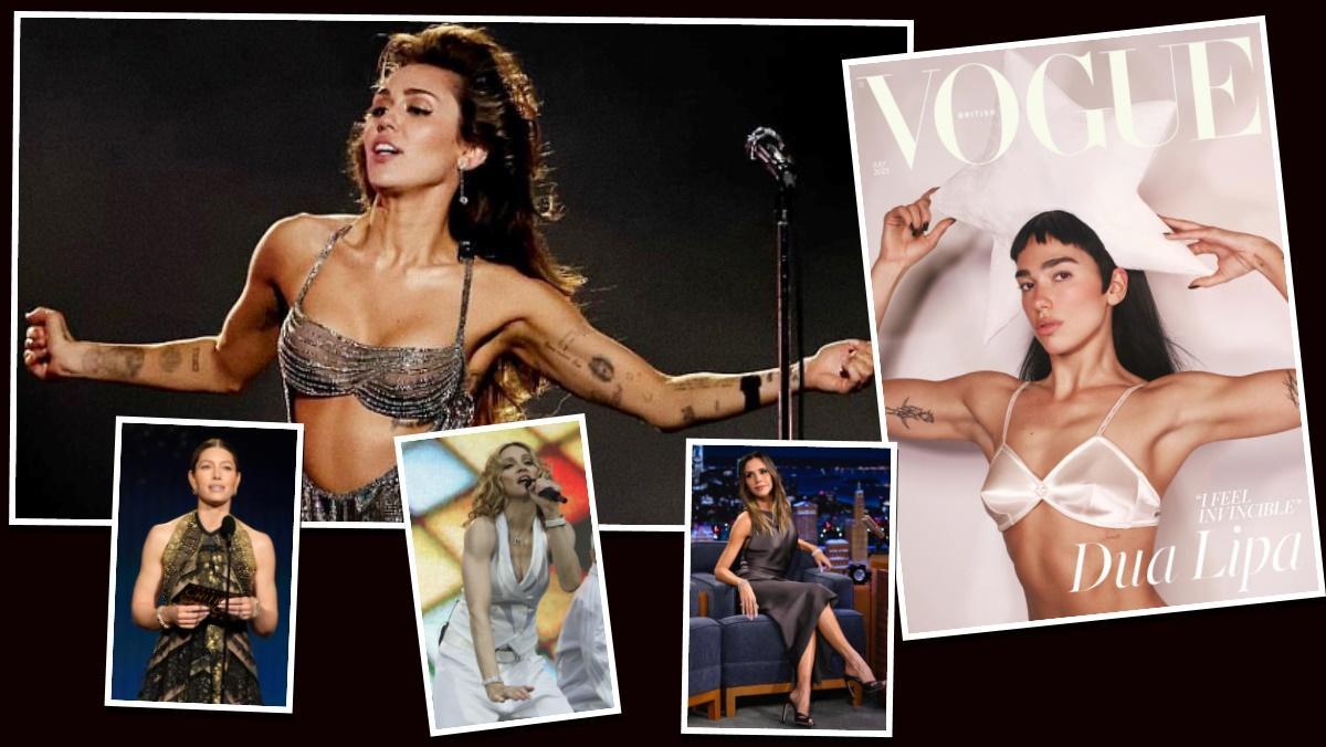 Famosas con brazos torneados: Miley Cyrus, Dua Lipa, Jessica Biel, Madonna y Victoria Beckham.
