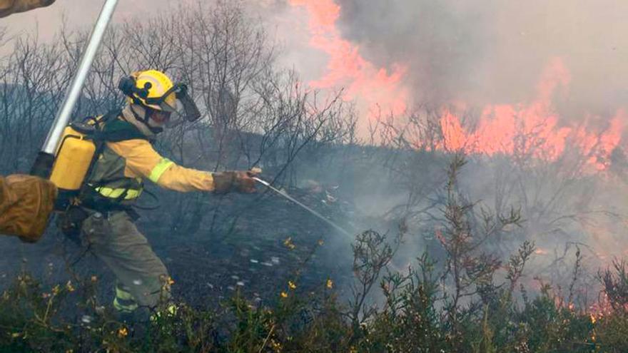 Bomberos mitigando las llamas en Vilamartín de Valdeorras. // Twitter (@BrifLaza)