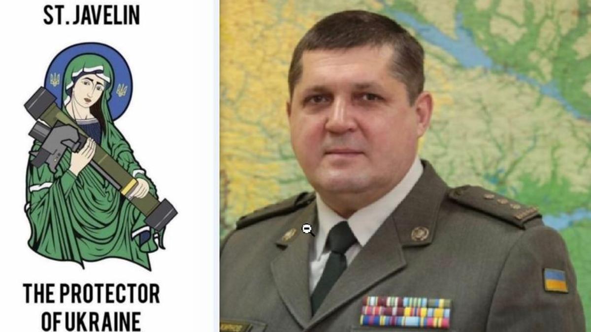 A la izquierda, meme que circula entre militares OTAN sobre el papel del lanzagranadas Javeline en la guerra de Ucrania. A la derecha, Mikola Zhymov, comandante jefe de la defensa de Kiev.