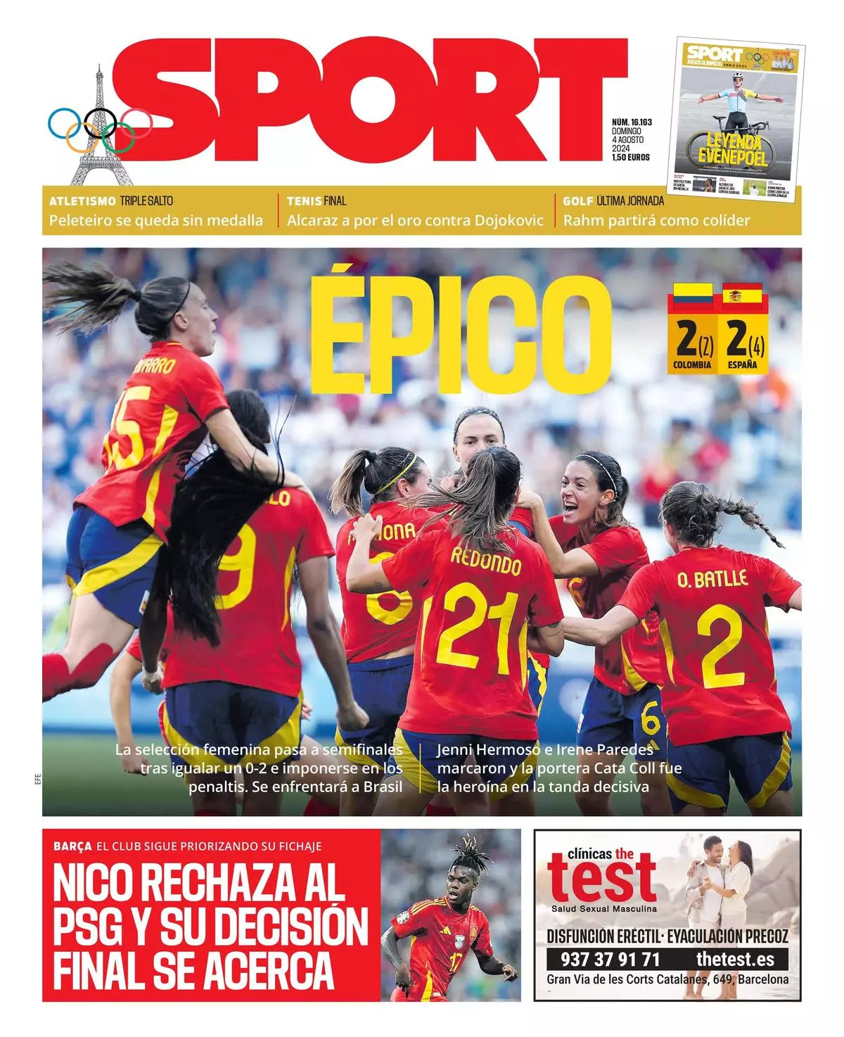 La portada de SPORT de hoy domingo, 4 de agosto de 2024