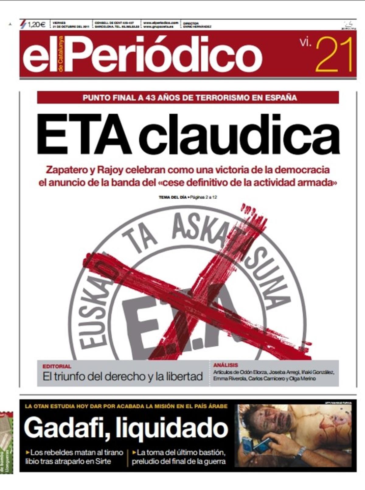 Portada de EL PERIÓDICO del 21 de octubre del 2011.