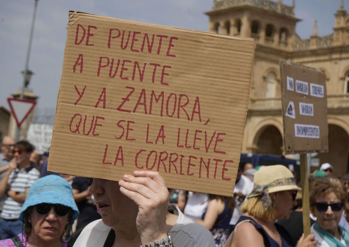 Una mujer con una pancarta contra los recortes del  AVE.  | JOSE LUIS FERNÁNDEZ