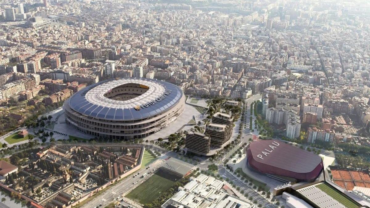 Una imagen virtual del futuro Espai Barça con el nuevo Camp Nou y el nuevo Palau.