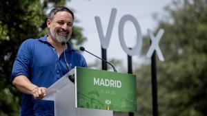 El presidente de Vox, Santiago Abascal, interviene durante una comida con afiliados y simpatizantes de Vox, en El Jardín de la Chalota, a 1 de junio de 2025, en Navalagamella, Madrid (España).