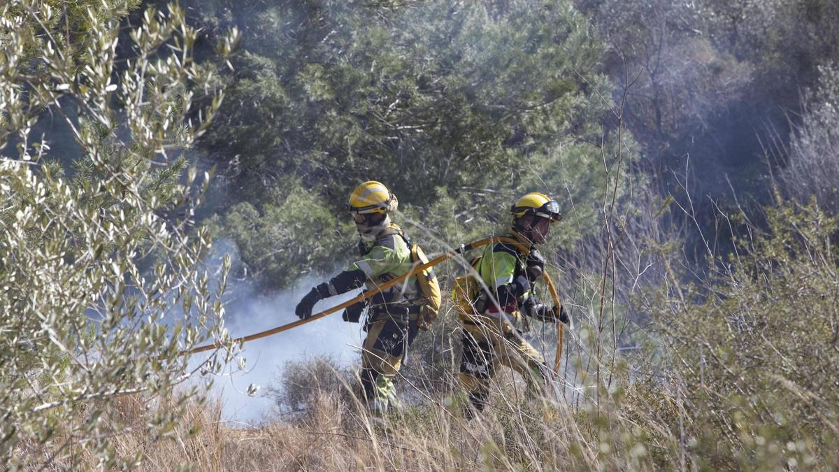 Dos bomberos forestales trabajando en la extinción de un incendio.