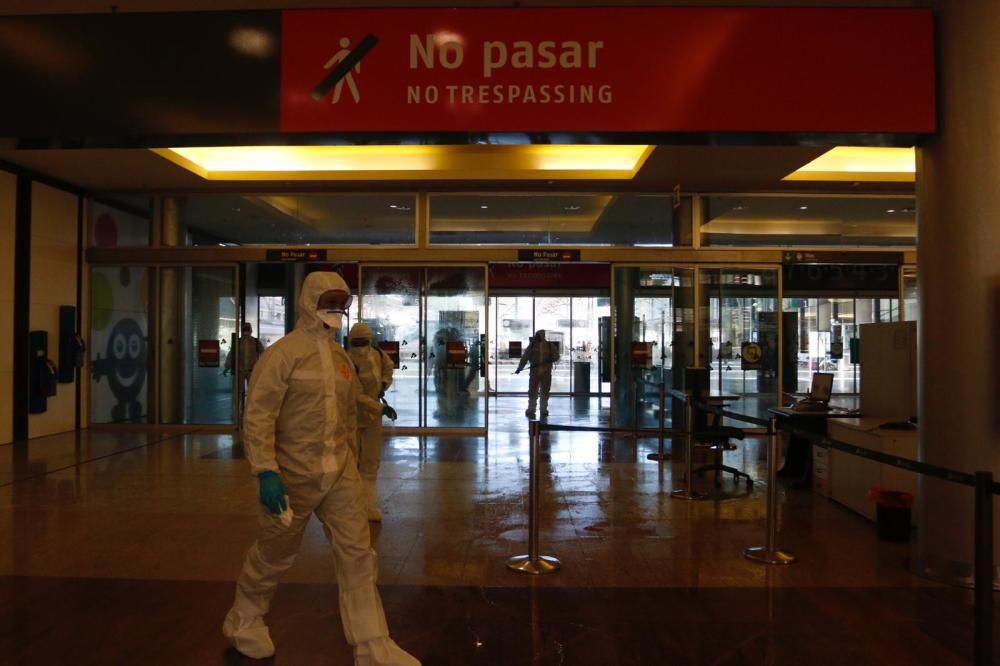 Efectivos de la UME en labores de desinfectación de la estación de tren María Zambrano.