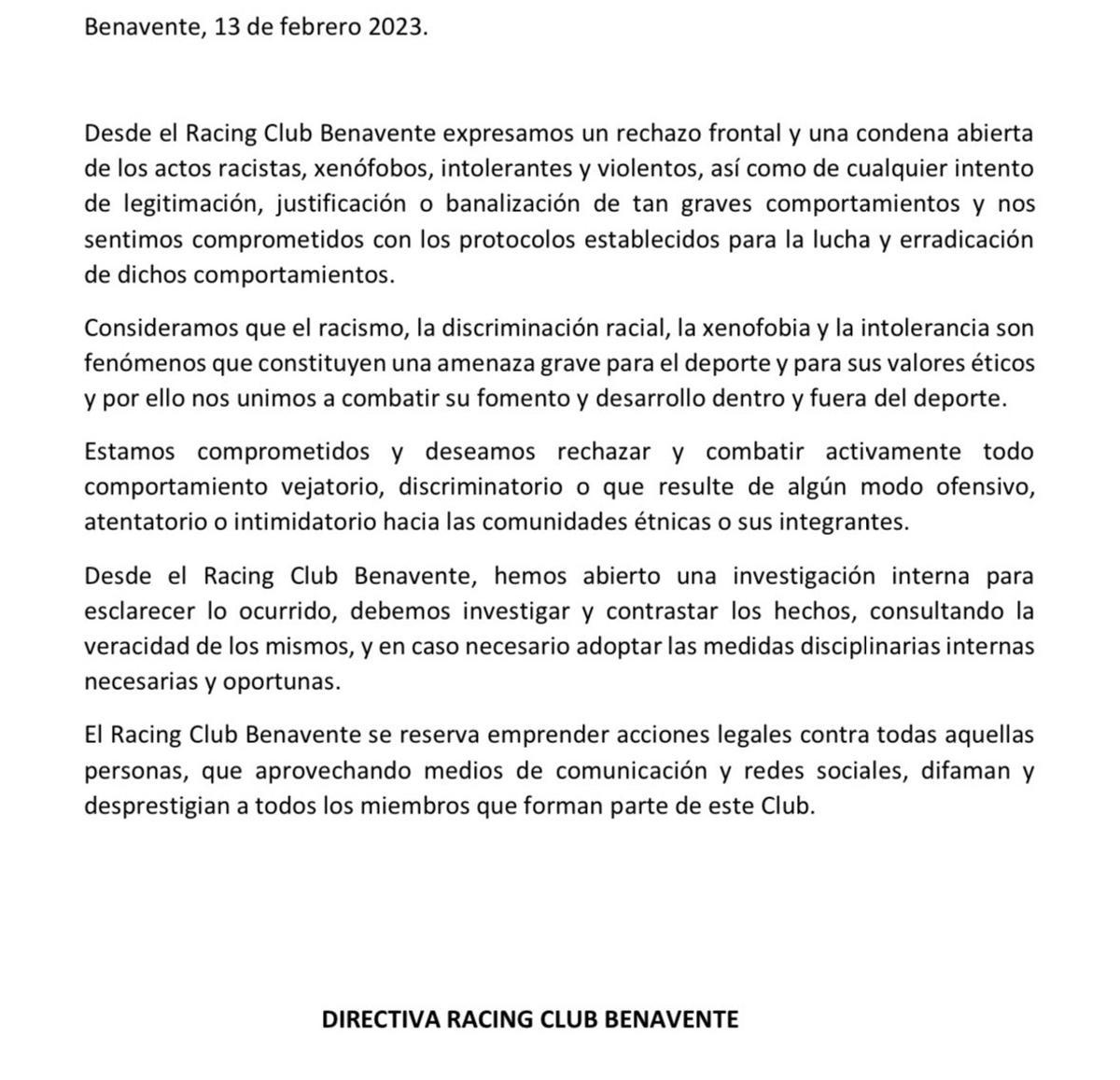 Comunicado del Racing Benavente