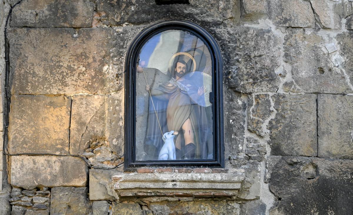 El perro azul de Sant Roc, en la plaza Nova junto a la Catedral de Barcelona