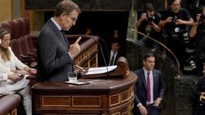 Alberto Núñez Feijóo y, al fondo, Pedro Sánchez entrando en el hemiciclo.