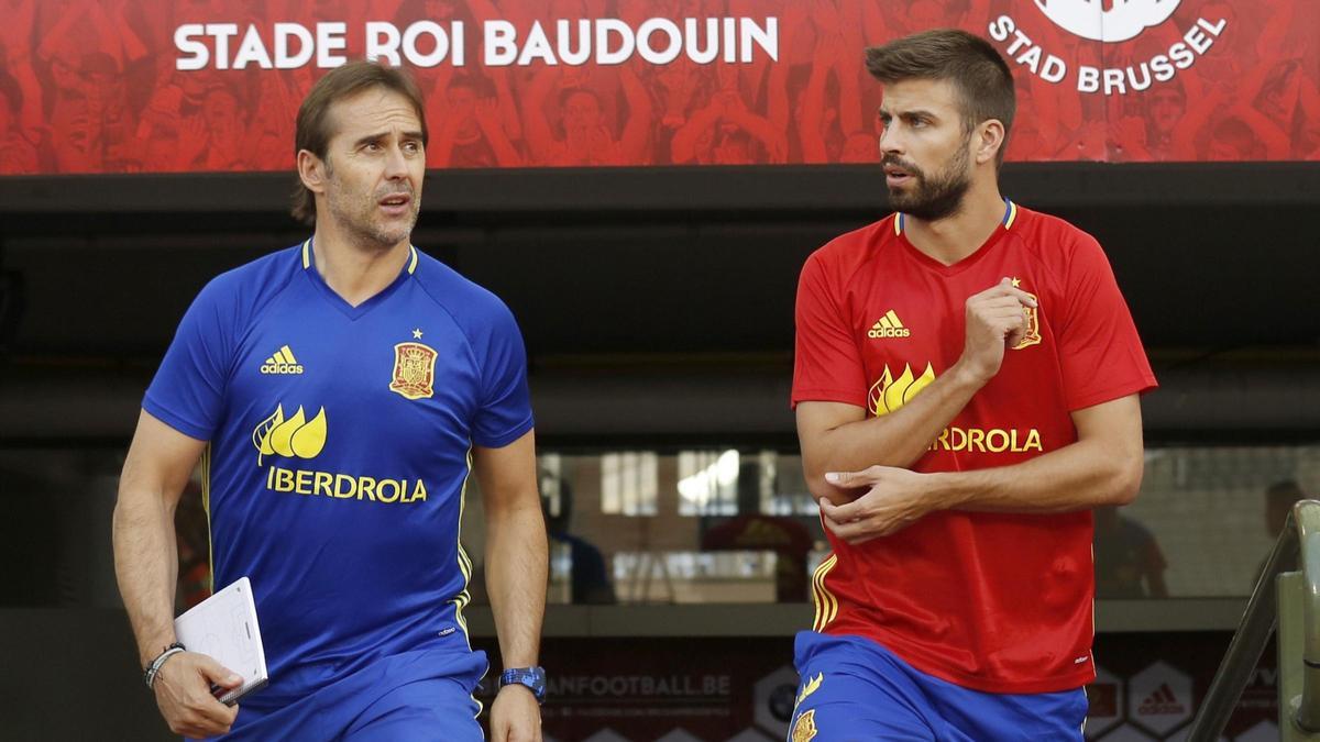 Lopetegui y Piqué, en un entrenamiento de la selección española