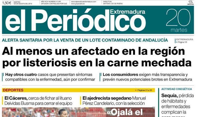 Esta es la portada de EL PERIÓDICO EXTREMADURA correspondiente al día 20 de agosto del 2019