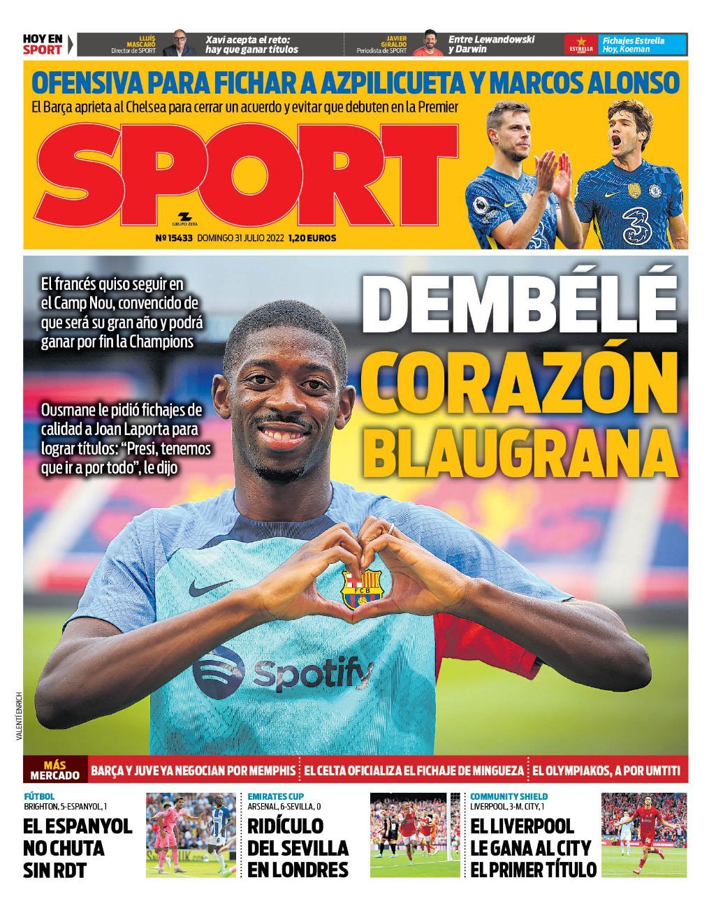 Esta es la portada de SPORT del domingo 31 de julio de 2022