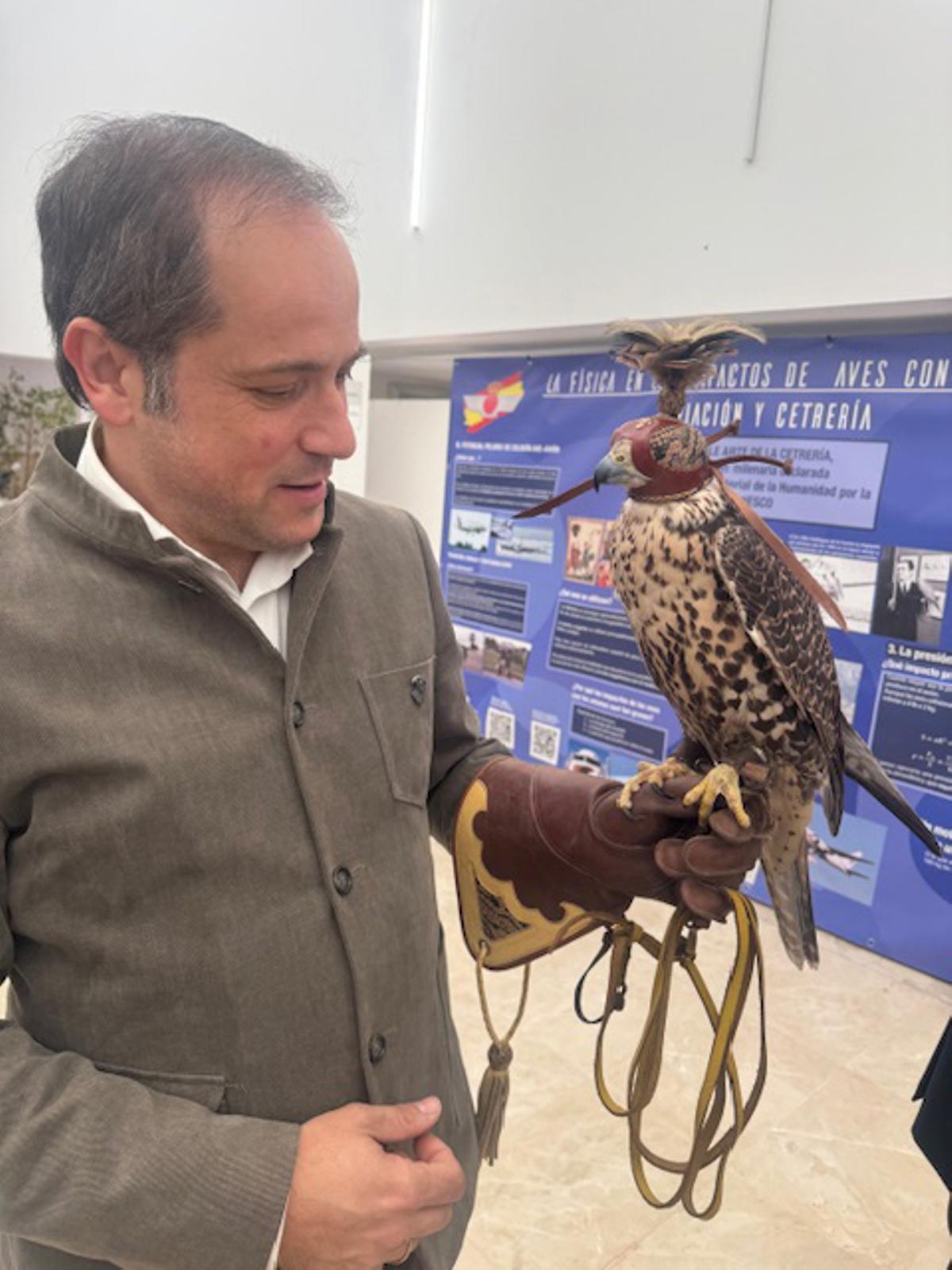 Sheick, un halcón sacre de trece años luce su uniforme de gala junto a su dueño, David Santacreu.