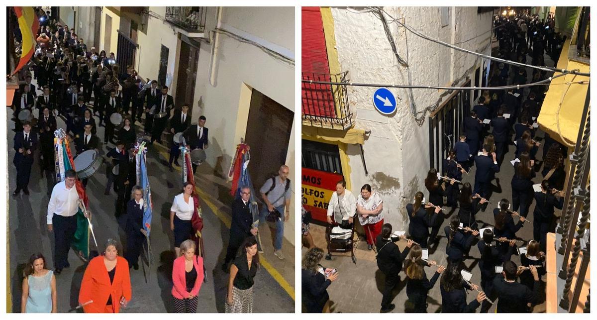 Músicos de varios pueblos apoyaron a la banda de la Llosa en la procesión del domingo (imagen) y también en la del lunes.