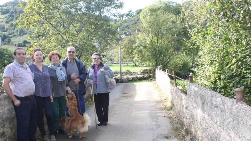 Por la izquierda, Francisco González, Ana García, Luisa Fernández, Carlos López y Onelia Huerta, ayer, en el actual puente de Villanueva (Grado).