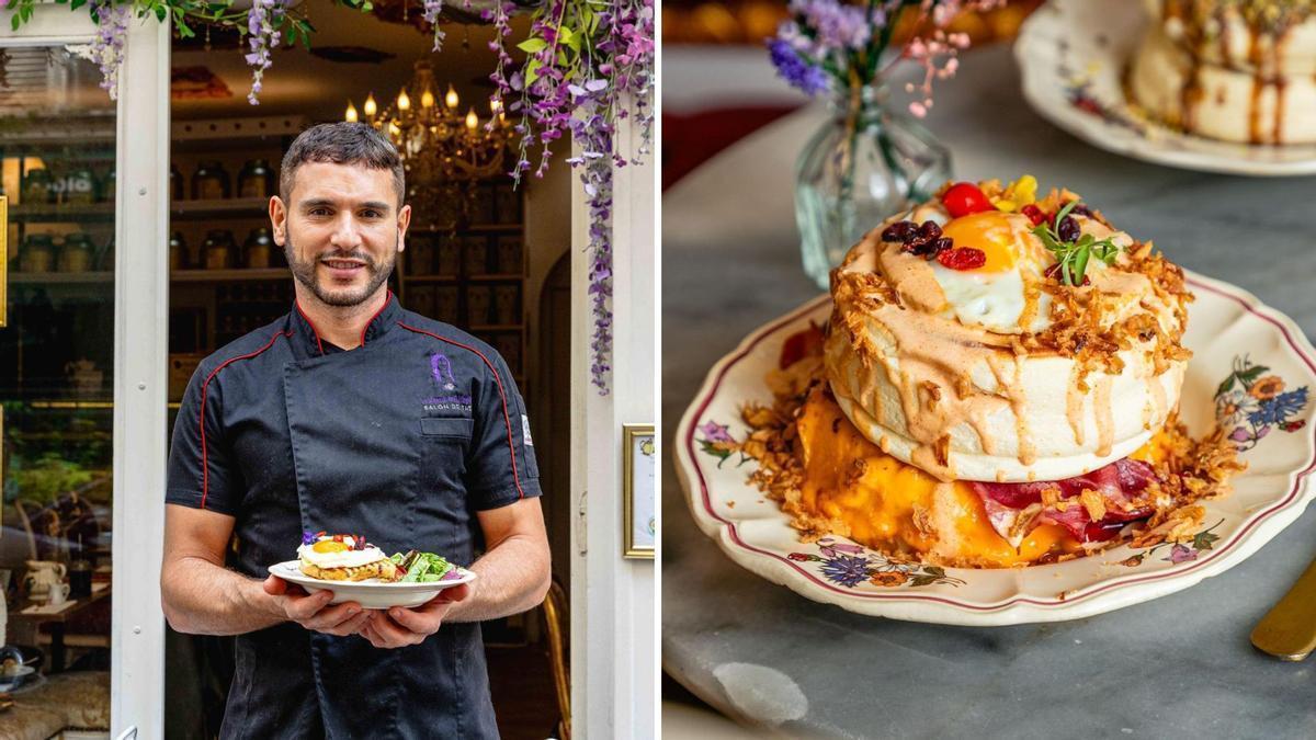 A la izquierda, Iván Álvarez, en su salón de té parisino, y a la derecha, uno de sus fuffly pancakes salados