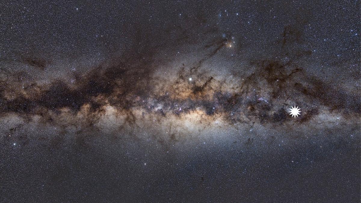 Vía Láctea vista desde la Tierra: el icono de la estrella marca la posición desde donde provienen las misteriosas señales.