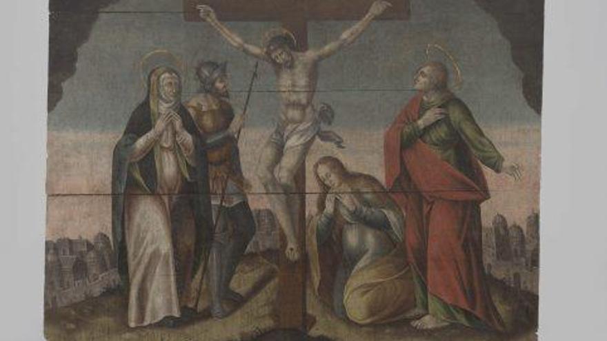 La pintura escenifica el calvari de Crist a la creu amb la companyia de Sant Joan i la Mare de Déu