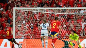 Mariona Caldentey lanza un penalti que va fuera de la portería durante el partido de cuartos de final entre Suiza y España 