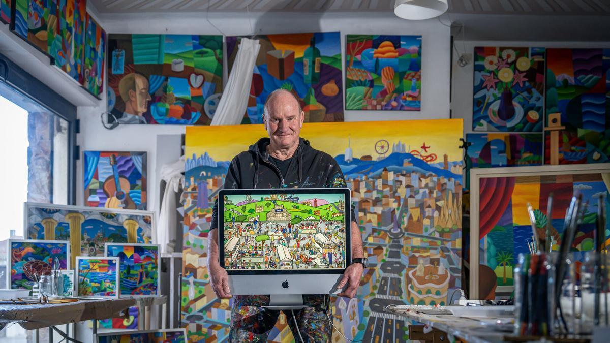 Retrato a Philip Stanton, el ilustrador de la portada dibujada del suplemento de 'abril' de Sant Jordi en su estudio.