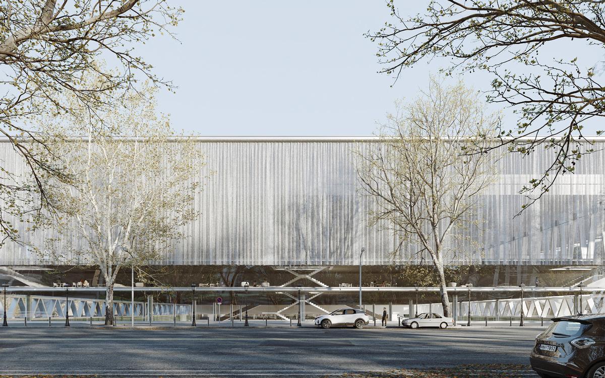 Recreación del nuevo Palau Multifuncional que contará con dos plantas y una pasarela enjardinada que unirá el actual Palau de Congressos y el Palau 4.