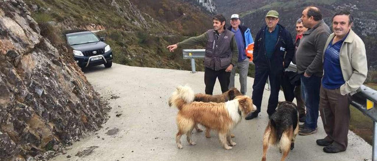 Los vecinos, en la curva en la que quieren que se haga el apartadero en la pista de Carbes a L&#039;Acebal.