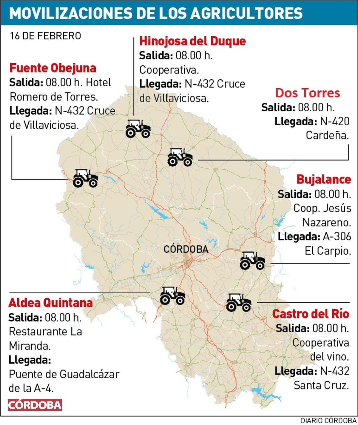 Tractoradas y cortes de carretera en Córdoba este viernes 16 de febrero.