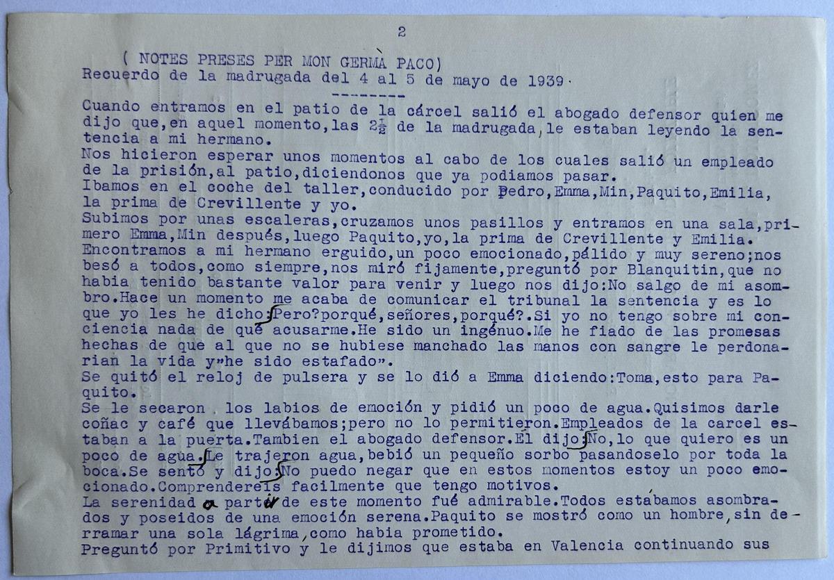Transcripció de «Recuerdos de la madrugada del 4 al 5 de mayo de 1939», text redactat per Francesc Gómez Serrano i copiat per Nicolau Primitiu Gómez Serrano el 7 de maig de 1939.