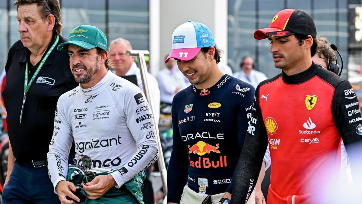 Fernando Alonso, 'Checo' Pérez y Carlos Sainz, en Miami.