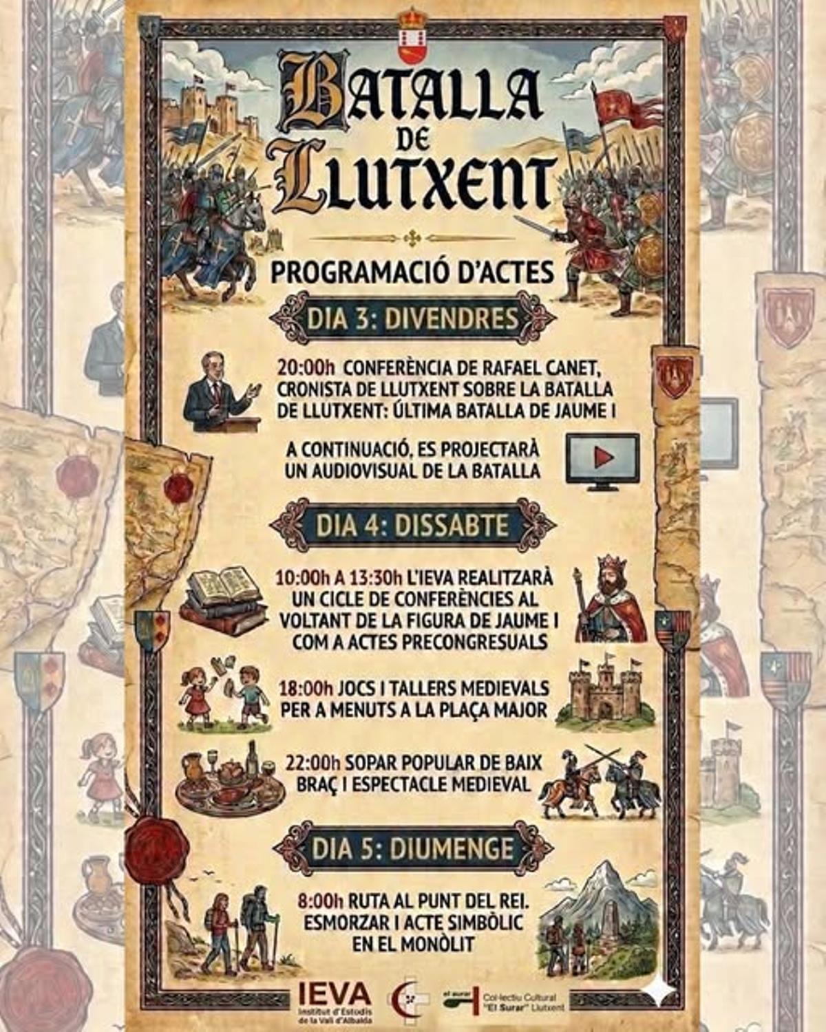 Cartel con el programa de actos organizado para conmemorar el 750 aniversario de la Batalla de Llutxent.