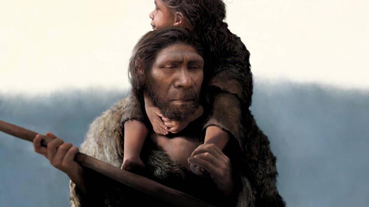 Reconstrucción de un padre neandertal y su hija.