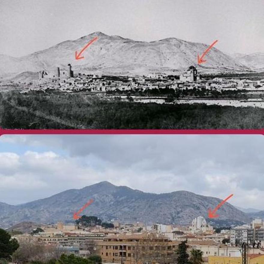 La imagen antigua de Elda y la actual realizada por el alcalde desde el mismo lugar 163 años después.