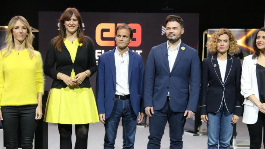 Els candidats al 28-A Cayetana Álvarez de Toledo (PPC), Laura Borràs (JxCat), Jaume Asens (ECP), Gabriel Rufián (ERC), Meritxell Batet (PSC), i Inés Arrimadas (Cs),