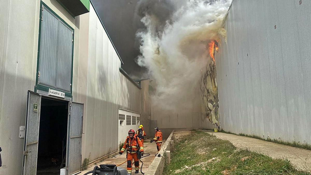 Los bomberos trabajan para apagar el fuego en una de las naves afectadas de Huevos Guillén, ayer. | LEVANTE-EMV
