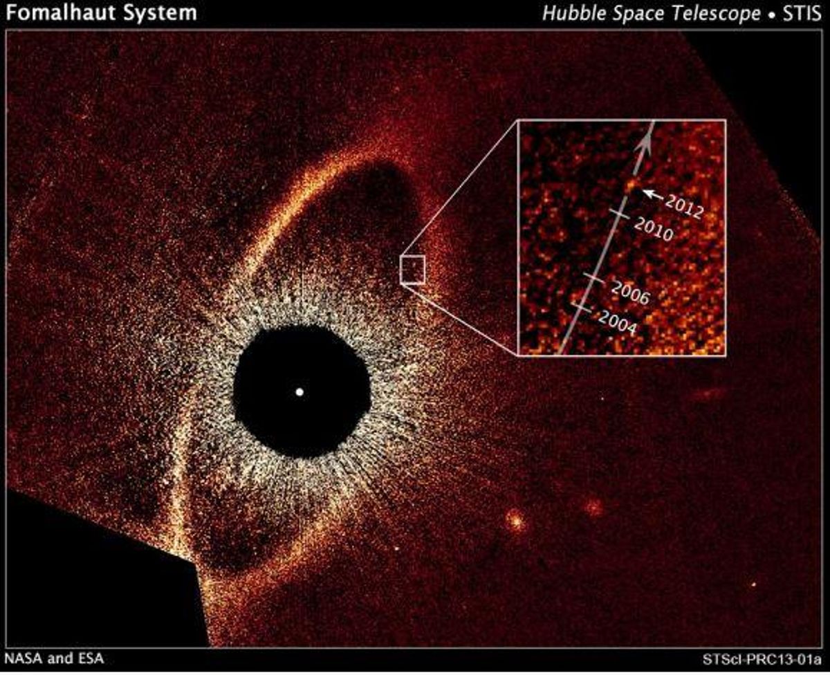 Imagen del HST de la estrella Fomalhaut que indica un posible exoplaneta a unos 25 años de distancia. Este es uno posible