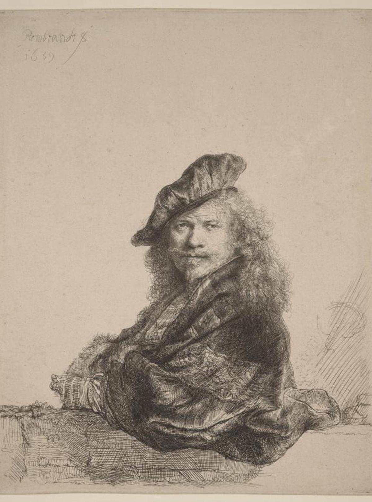 Rembrandt, Autorretrato apoyado sobre un pretil, 1639.