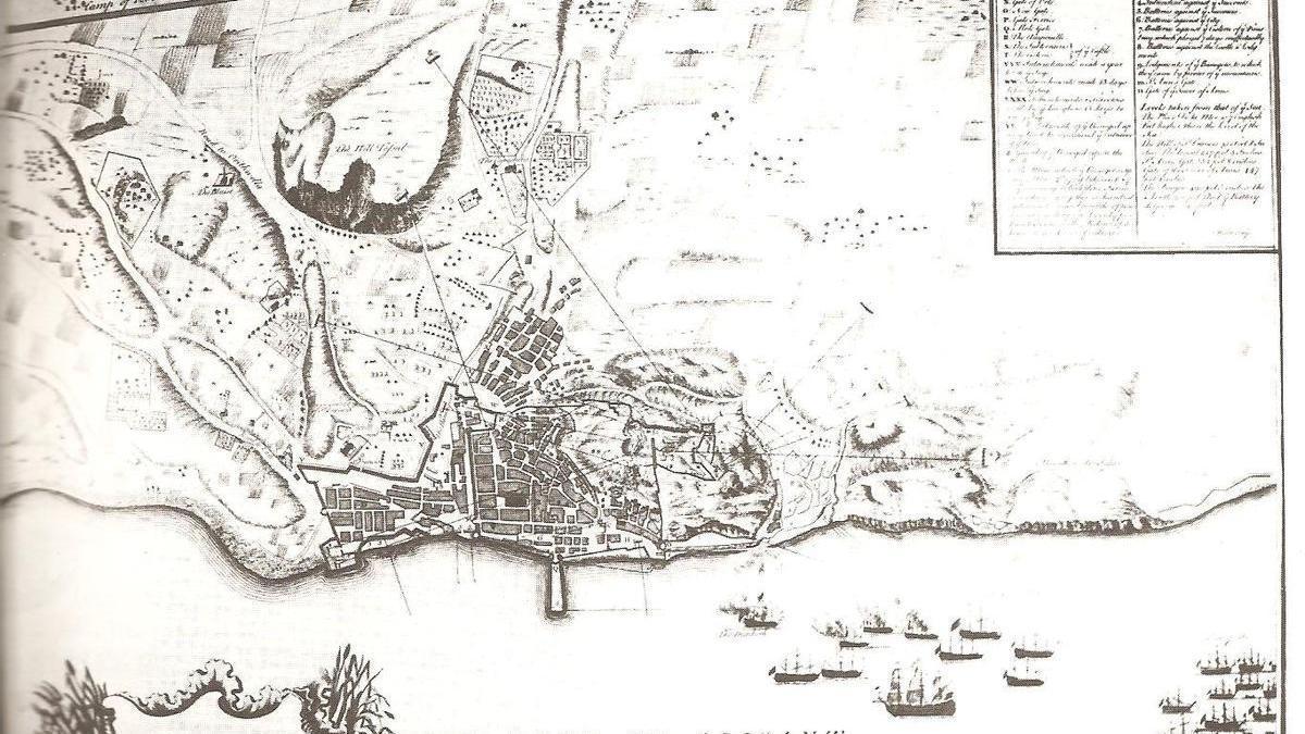 Plano de Tindal-Rapin que describe el trazado urbano de Alicante y la ubicación de sus sistemas defensivos durante el asedio en la Guerra de Sucesión