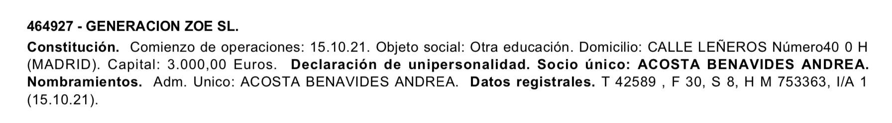 Andrea Acosta registró el pasado octubre Generación Zoe S.L.