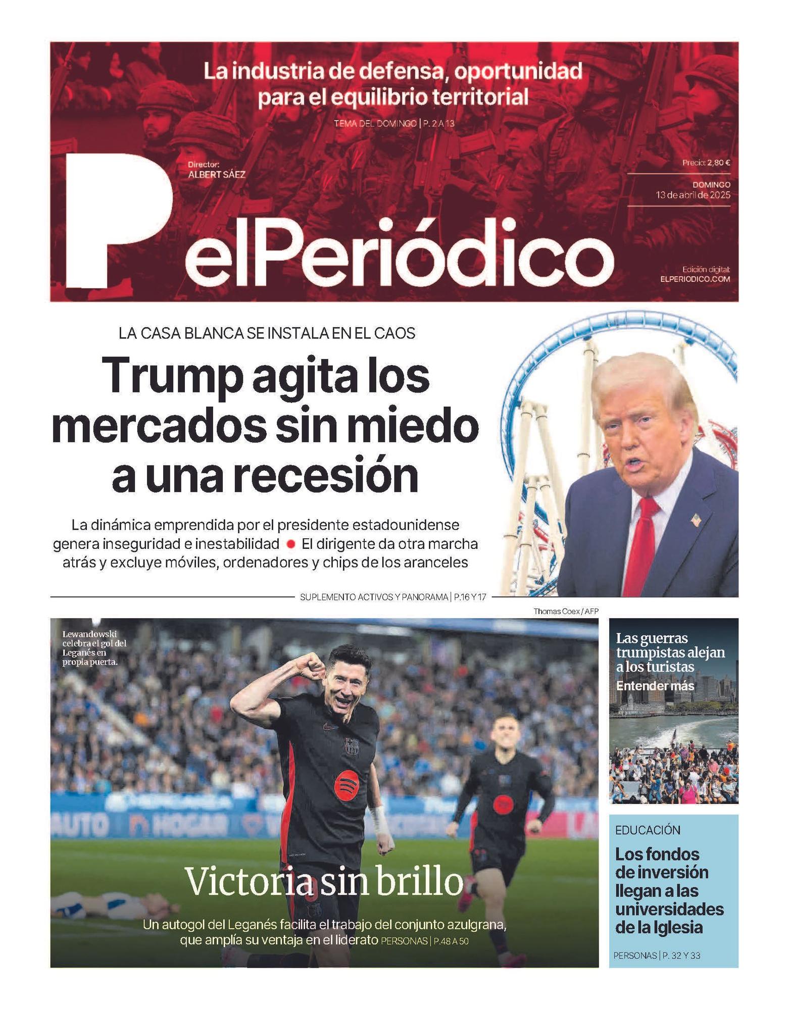 La portada de EL PERIÓDICO del 13 de abril de 2025