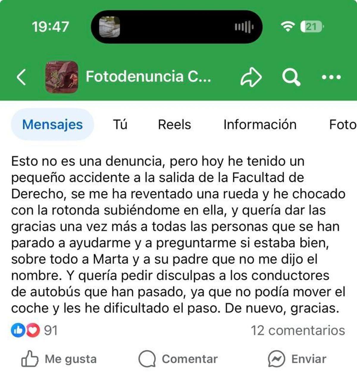 El mensaje que la conductora ha publicado en Facebook