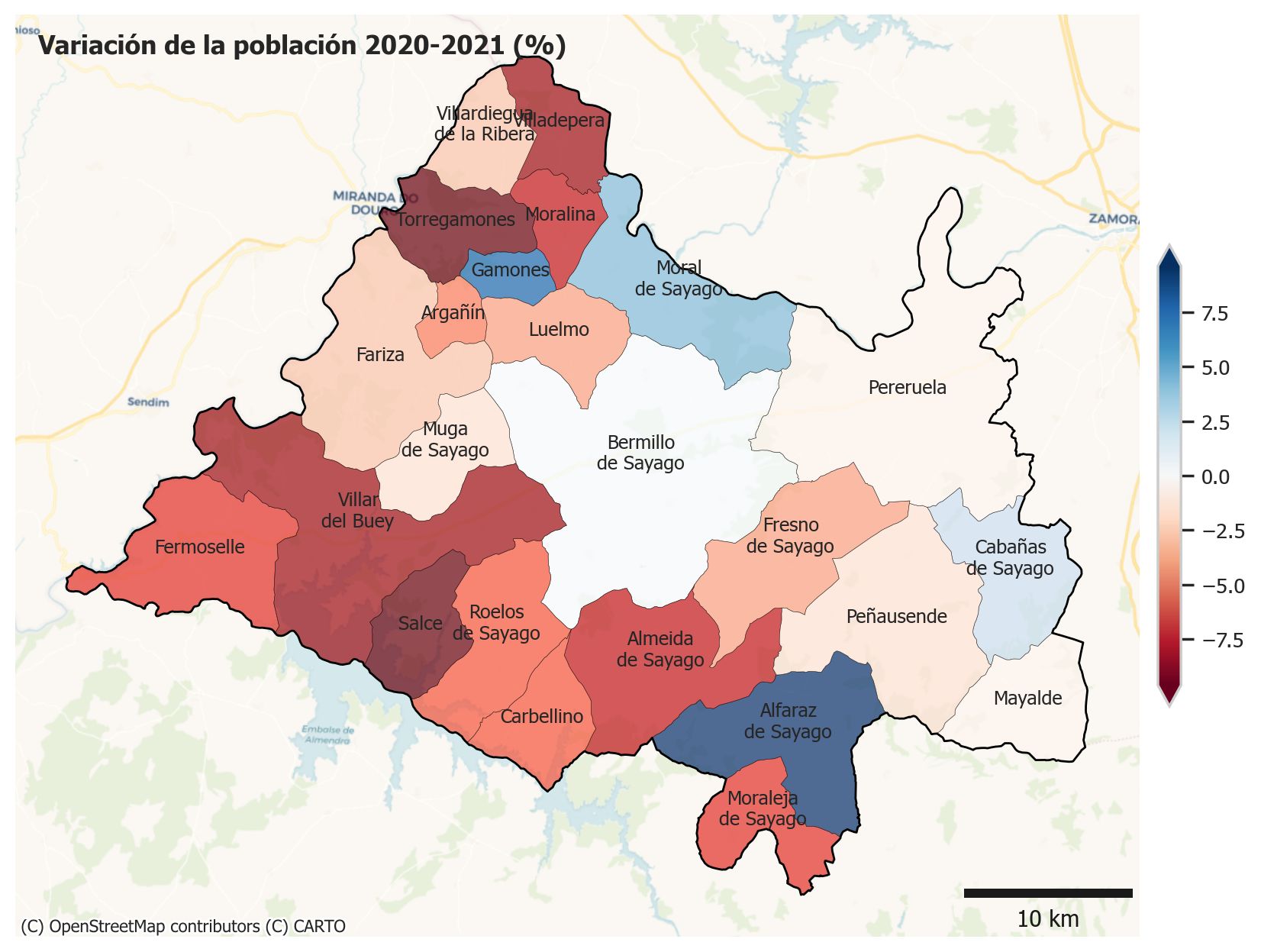 Mapa de Sayago con la variación de población entre 2020 y 2021