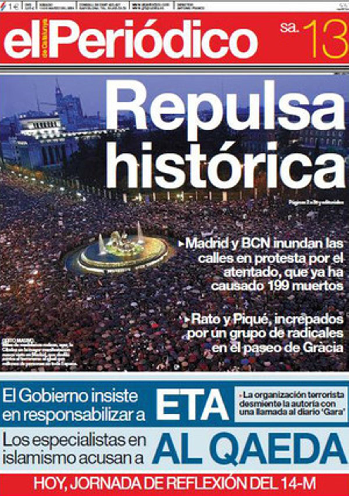 La portada d’EL PERIÓDICO del dia 13 de març del 2004.