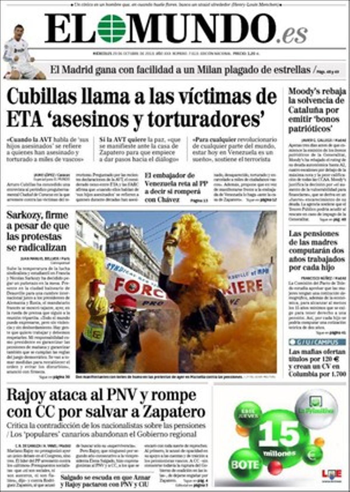 Altres temes que ’El Mundo’ destaca a dins al marge dels de portada són: que el Ministeri d’Indústria comunica al jutge que no té informes de seguretat sobre l’emplaçament del cementiri nuclear; que el PP recolzarà el seu regidor badaloní Xavier García Albiol en la seva compareixença davant el fiscal pel pamflet xenòfob; mostra la fotografia d’una ’santa cena’ en què, segons Joan Laporta, els poders fàctics van conspirar en contra seu; que han robat l’ordinador i el passaport a un alt càrrec de Google a Barcelona, i que Xina apuja els tipus davant l’amenaça immobiliària.