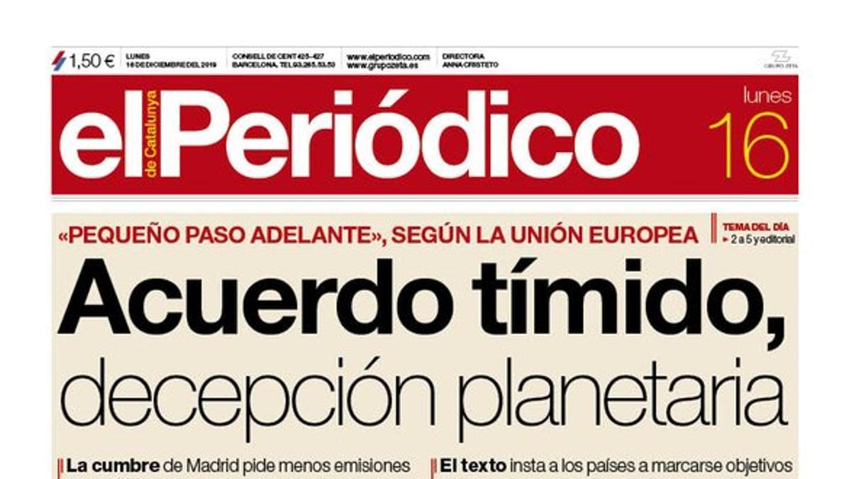 La portada de EL PERIÓDICO del 16 de diciembre del 2019.