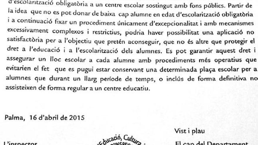 Informe del departamento de Inspección Educativa a raíz del caso del CEIP Colònia de Sant Jordi.