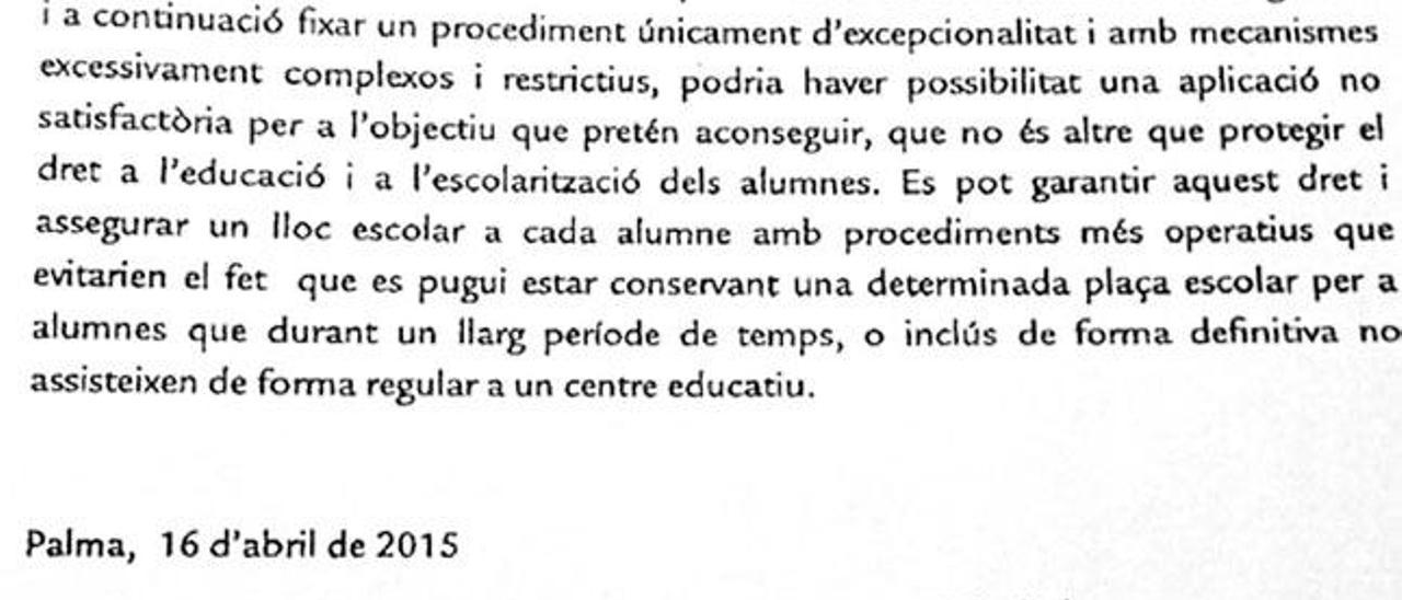 Informe del departamento de Inspección Educativa a raíz del caso del CEIP Colònia de Sant Jordi.