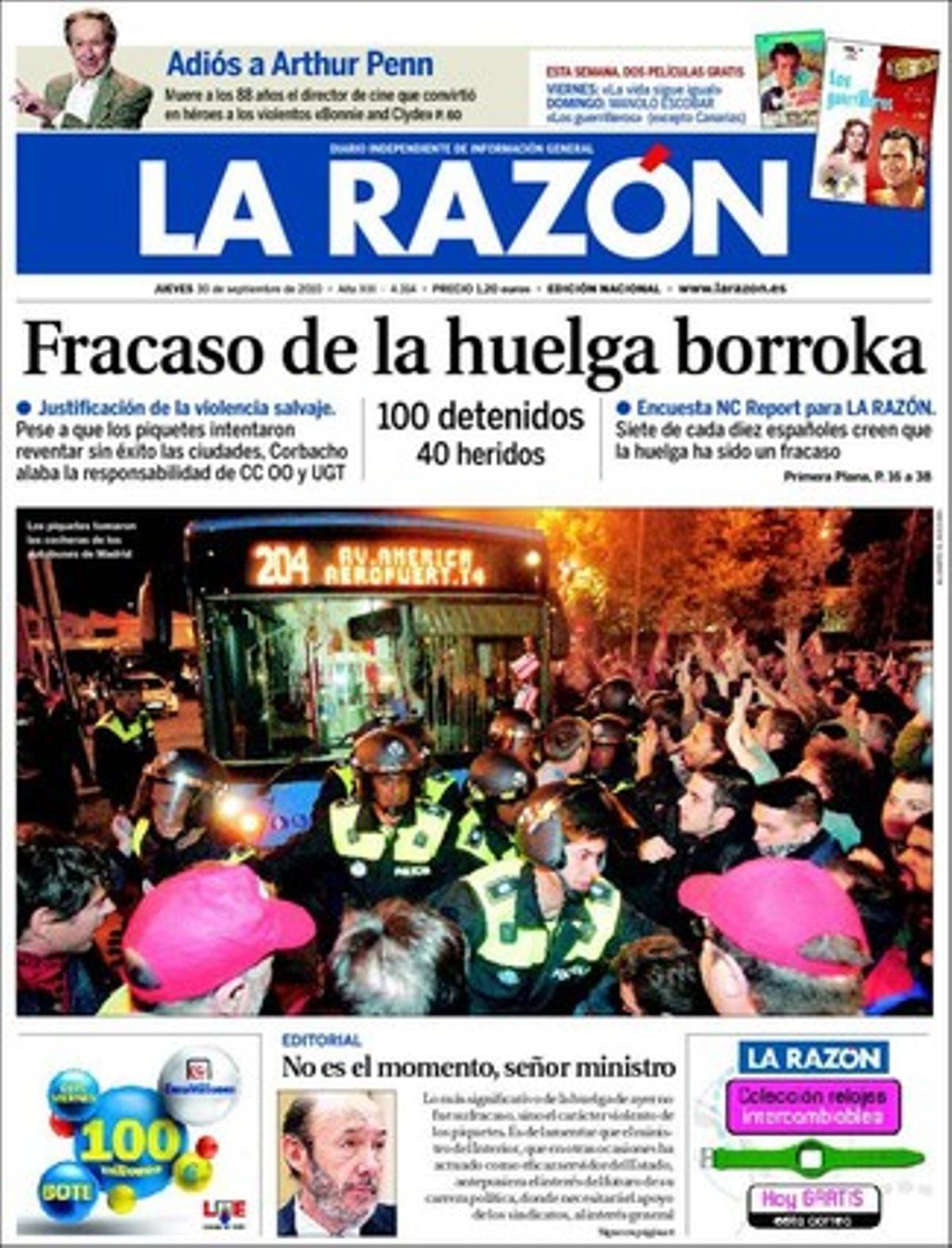 Vint-i-dues pàgines desplega ’La Razón’ per explicar el 29-S. I desplega dues capçaleres per donar un tema propi: El pacte del Govern per la sanitat esclata abans de veure la llum; PP i CiU es desmarcaran avui al Congrés d’un text ’que no aporta cap solució al sistema’.
