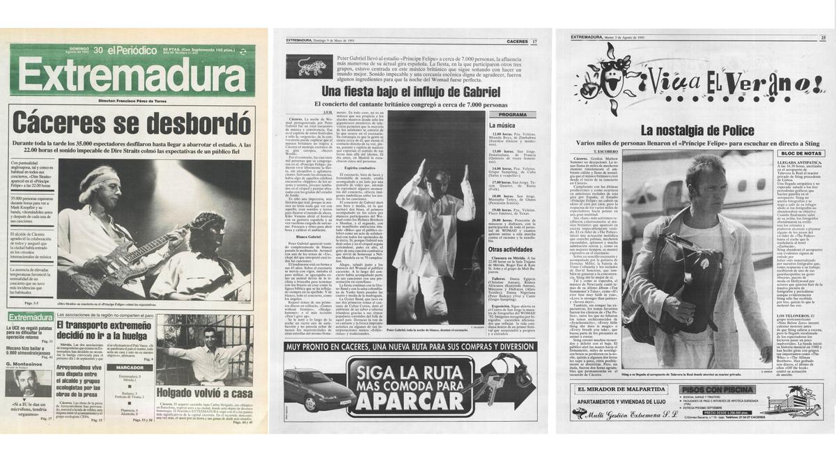 Portadas de tres de los grandes conciertos celebrados en el estadio Príncipe Felipe de Cáceres: Dire Straits, Peter Gabriel y Sting.